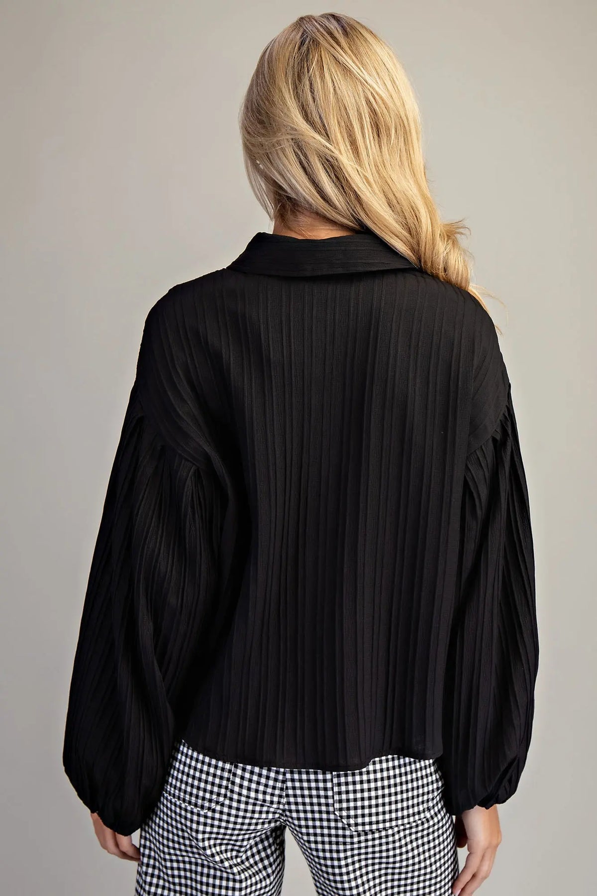 BUBBLE SLEEVE BUTTON DOWN BLOUSE TOP