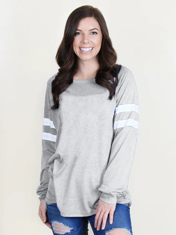 Light Grey Long Sleeve with Varsity Stripes