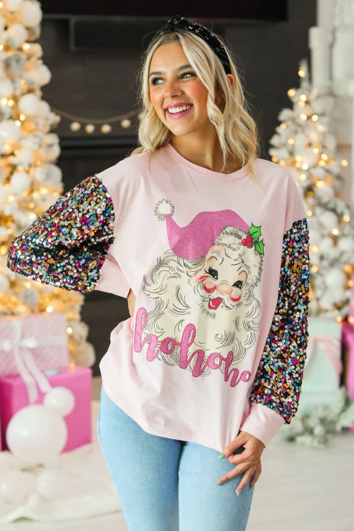 Santa on Pink Sweater with Sequin Sleeves