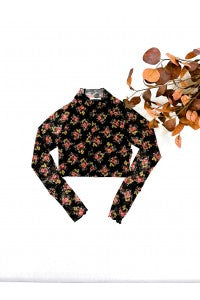 MOCKNECK LONG SLV FLORAL PRINT STRETCHY MESH TOP BLACK/RED