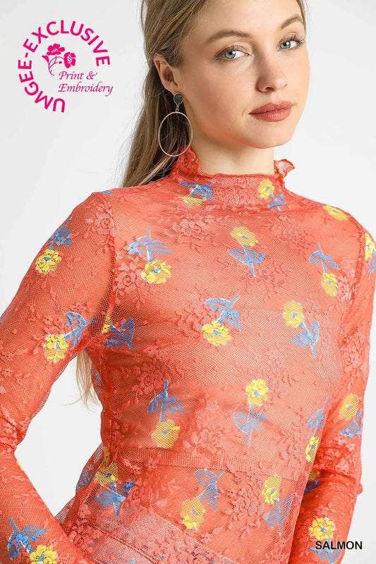 Bloom Mesh Floral Lace Top Salmon