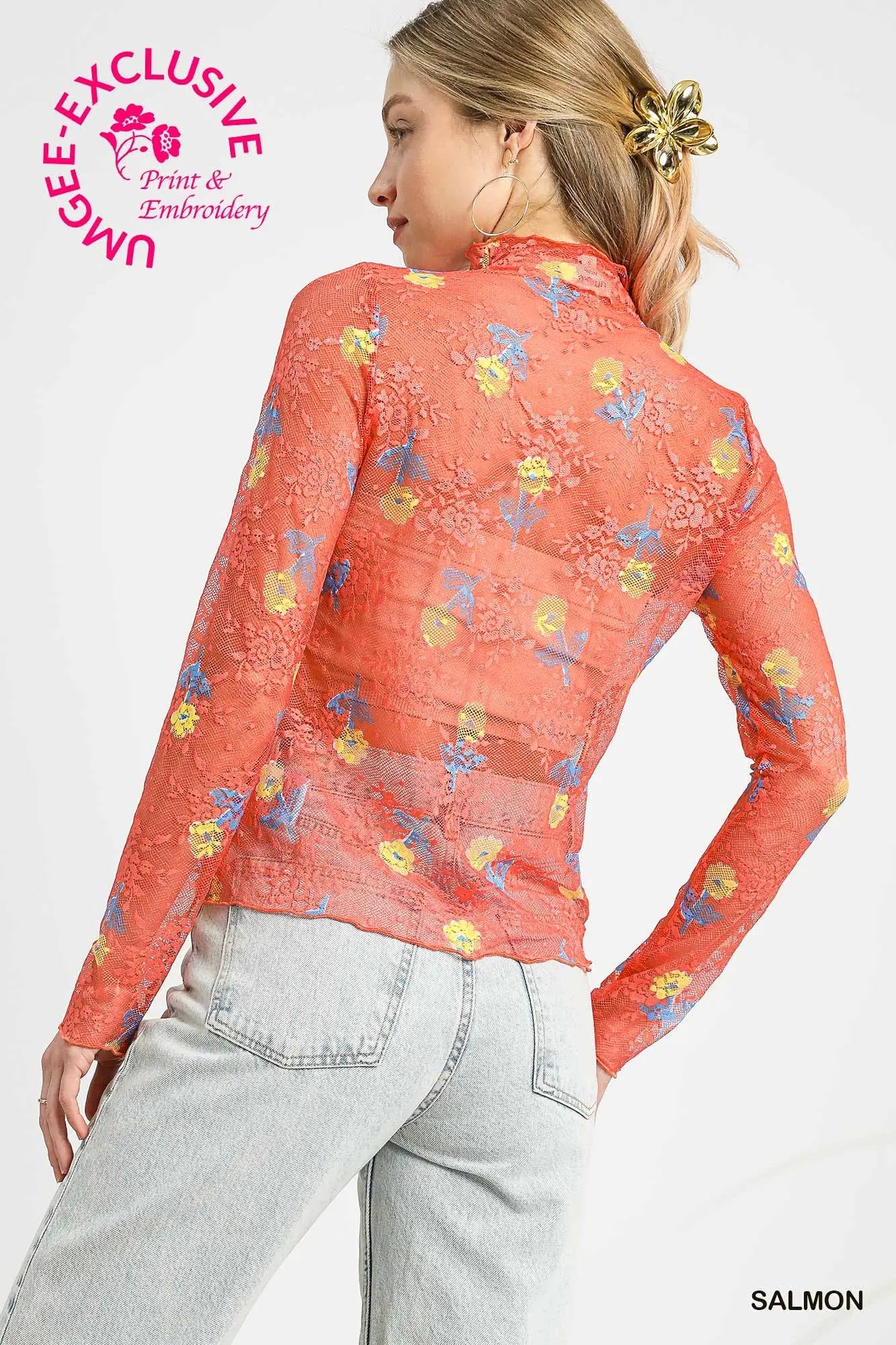 Bloom Mesh Floral Lace Top Salmon