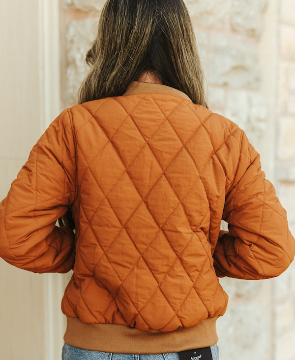 Camel Quilted Bomber Jacket Contrast Detail Teal Lining