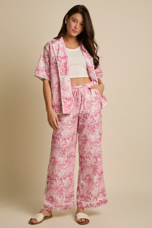 Pink Western Print Pajama Set with Trim