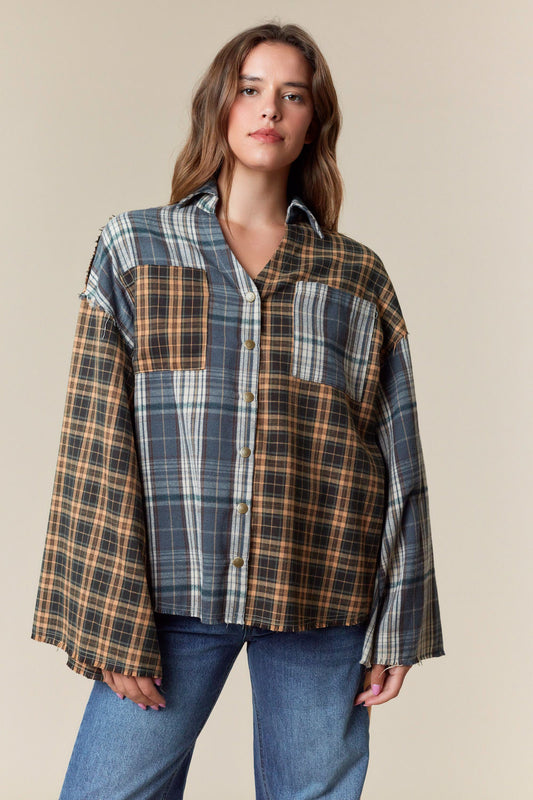 Checker Color Blocked V Neck Button Up Shirt