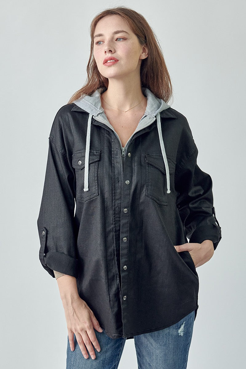 Risen Coated Black Jacket With Zip Up Hoodie