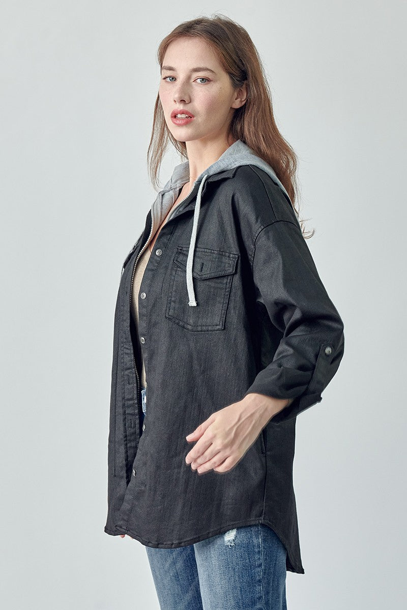 Risen Coated Black Jacket With Zip Up Hoodie
