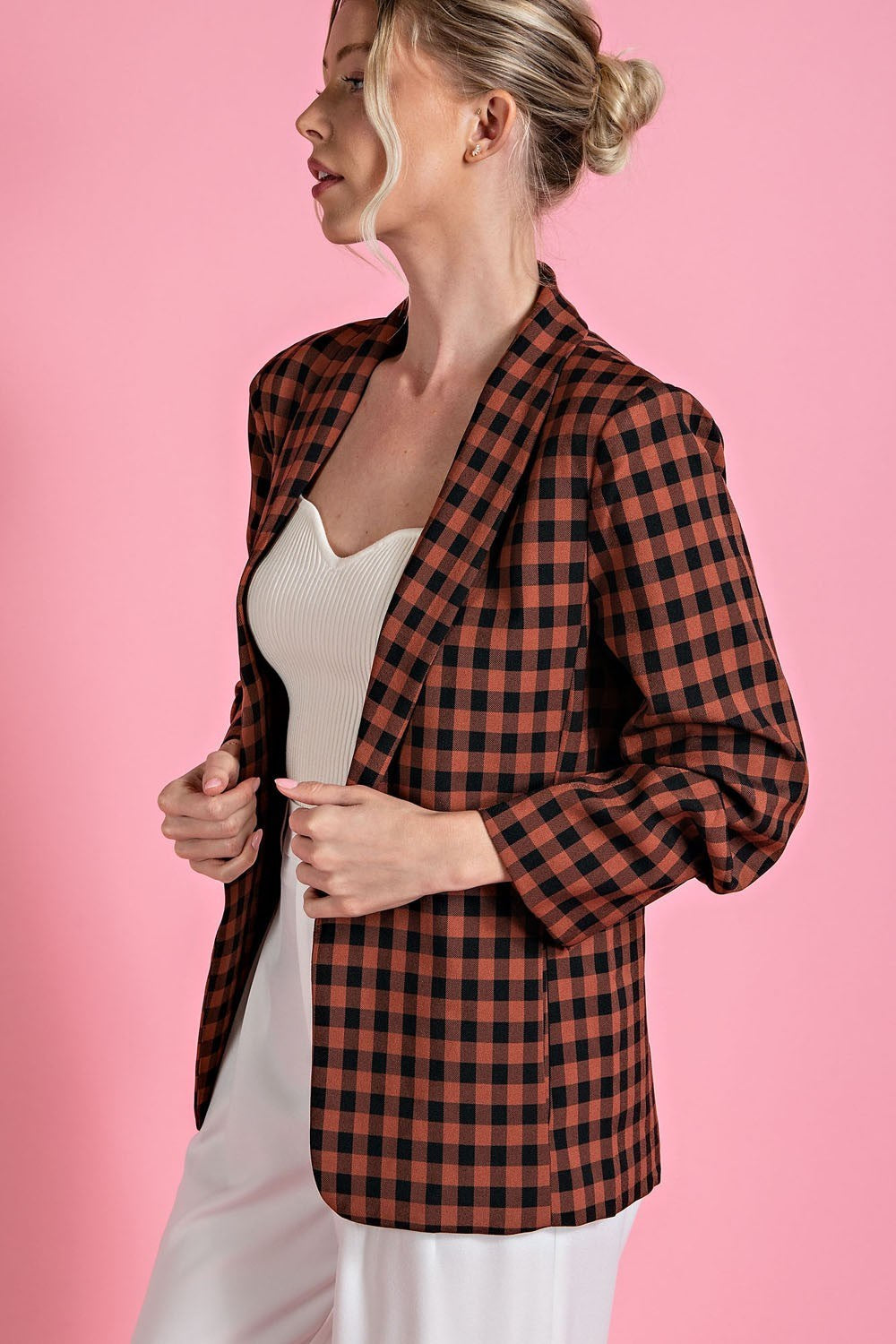 Plaid Print Shawl Blazer Jacket