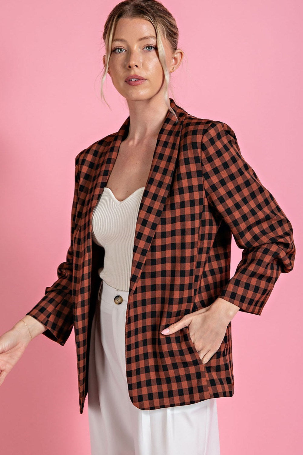 Plaid Print Shawl Blazer Jacket