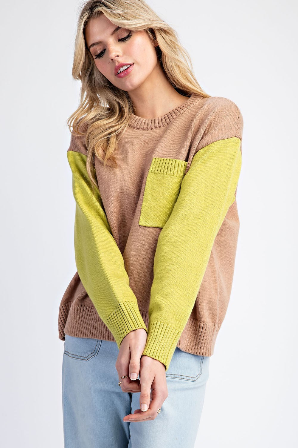 Colorblock Sweater Top With Pocket