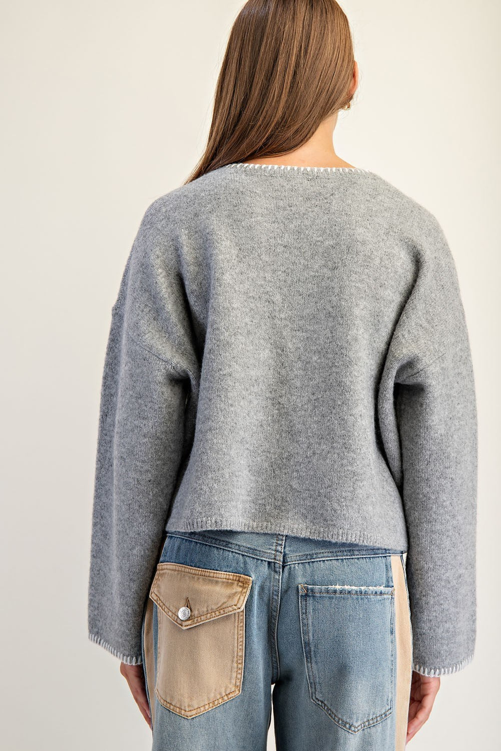 Whipstitch Patch Pocket Long Sleeve Sweater