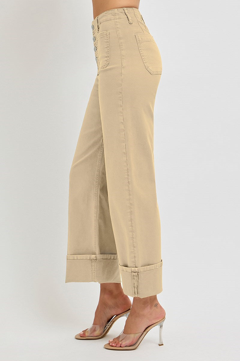 RISEN LATTE HIGH RISE WIDE LEG FRONT PATCH POCKET CUFFED PANTS