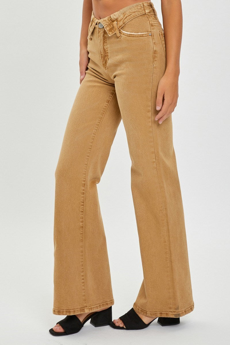 RISEN MOCHA MID RISE FLAP SLIM WIDE LEG JEANS