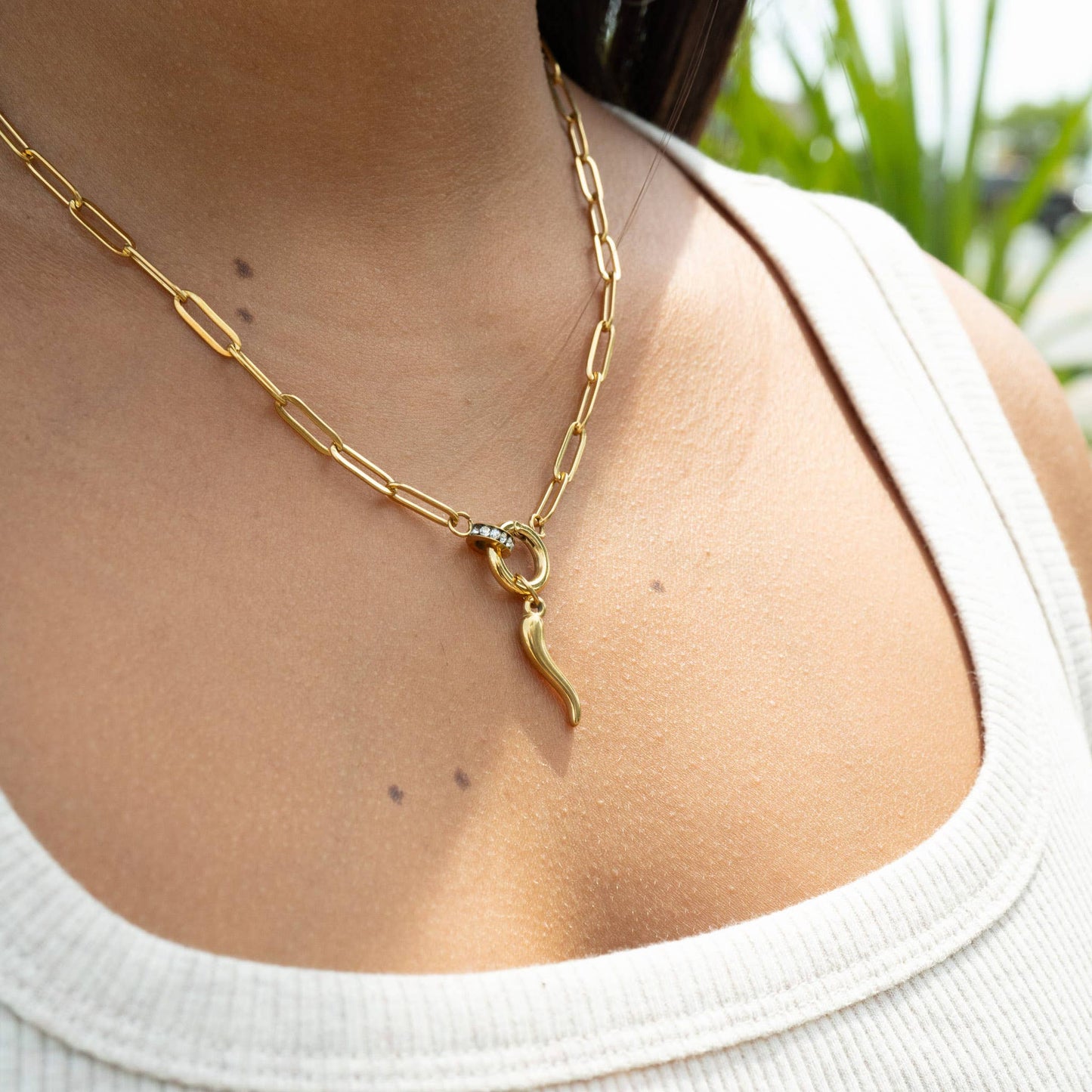 18K Gold PVD Paperclip Rhinestone Charm Holder Necklace