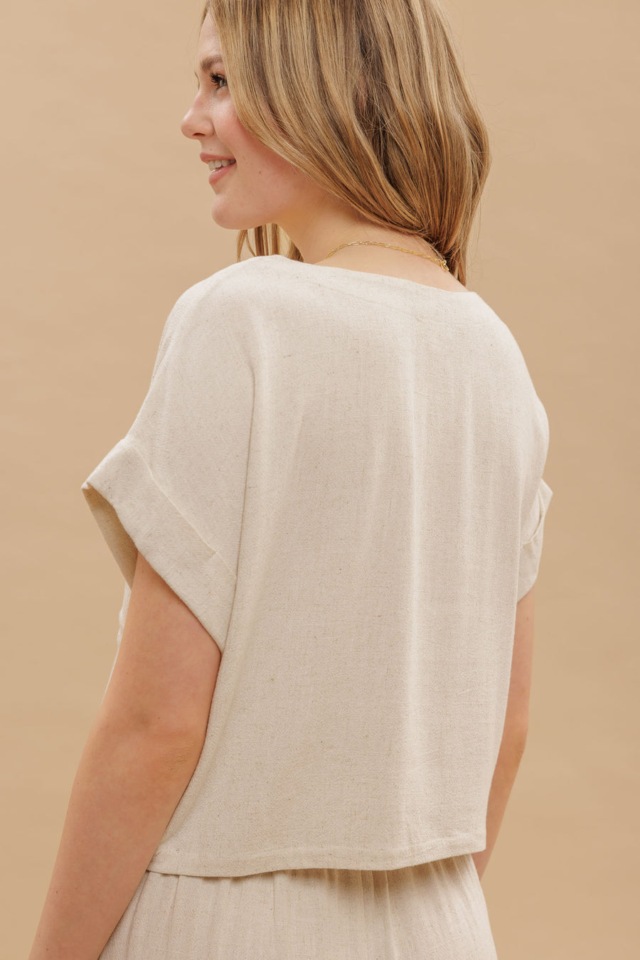 OATMEAL LINEN SHORT FOLD SLEEVE BOXY CUT TOP AND HIGH WAIST WIDE LEG PLEATED LINEN PANTS