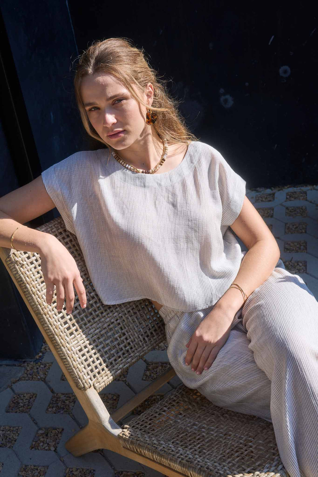 STRIPE BACK BUTTON CROP TOP AND WIDE LEG PANT SET