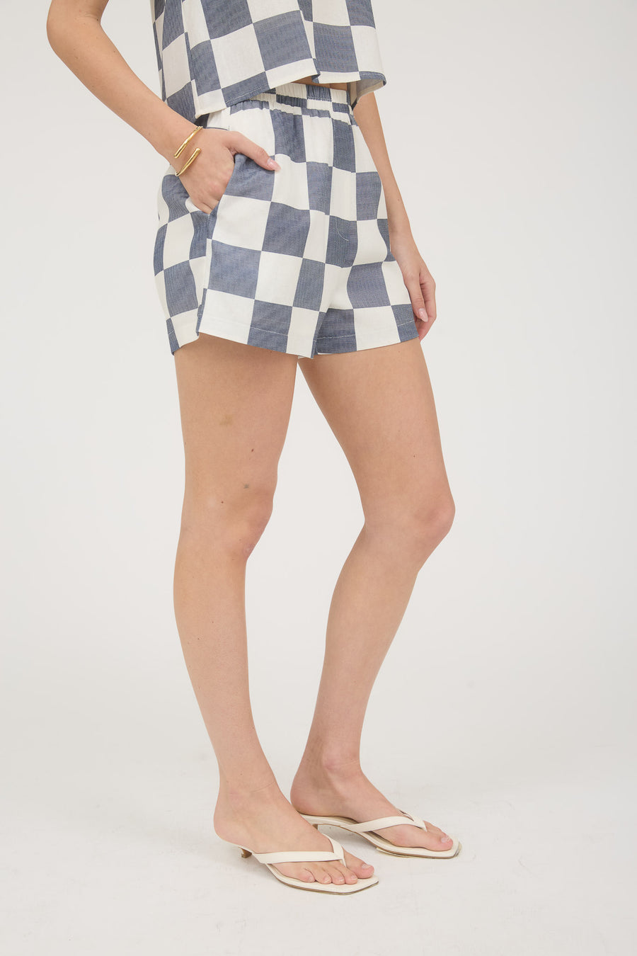 NAVY CHECKERED LINEN SHORTS AND TOP