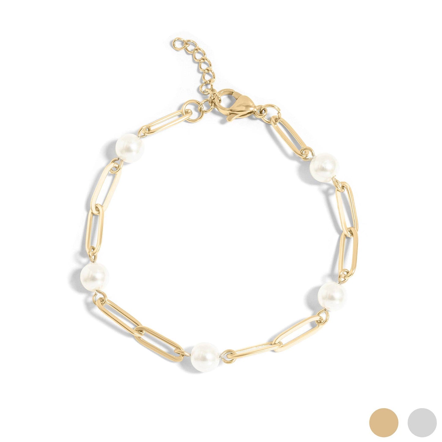 18K Gold PVD Steel Station Pearl Paperclip Chain Bracelet