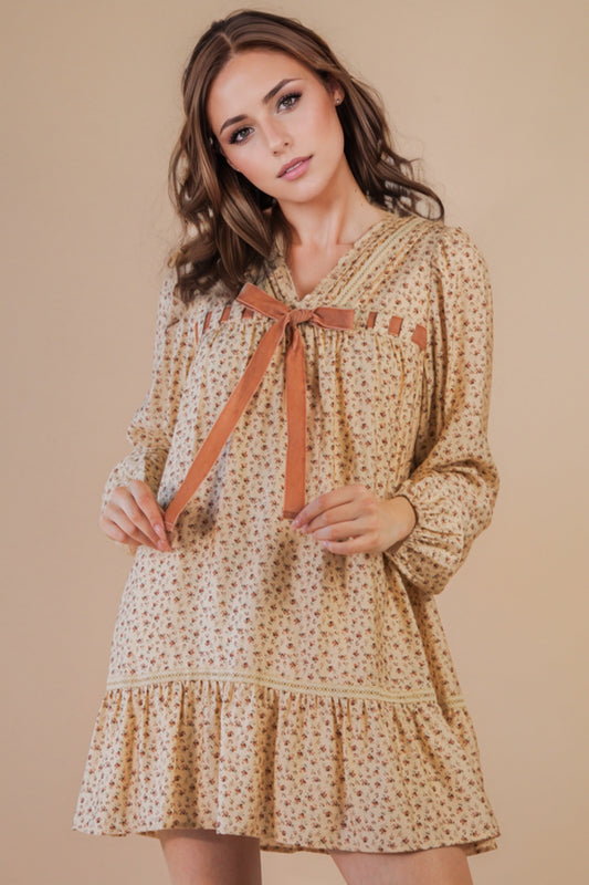 Floral Printed Front Bow Mini Dress