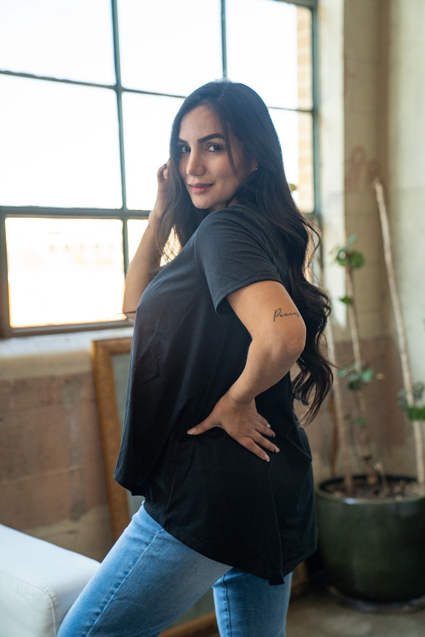 Black Short Sleeve Hi-Low Hem Top