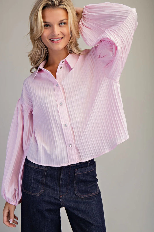 BUBBLE SLEEVE BUTTON DOWN BLOUSE TOP
