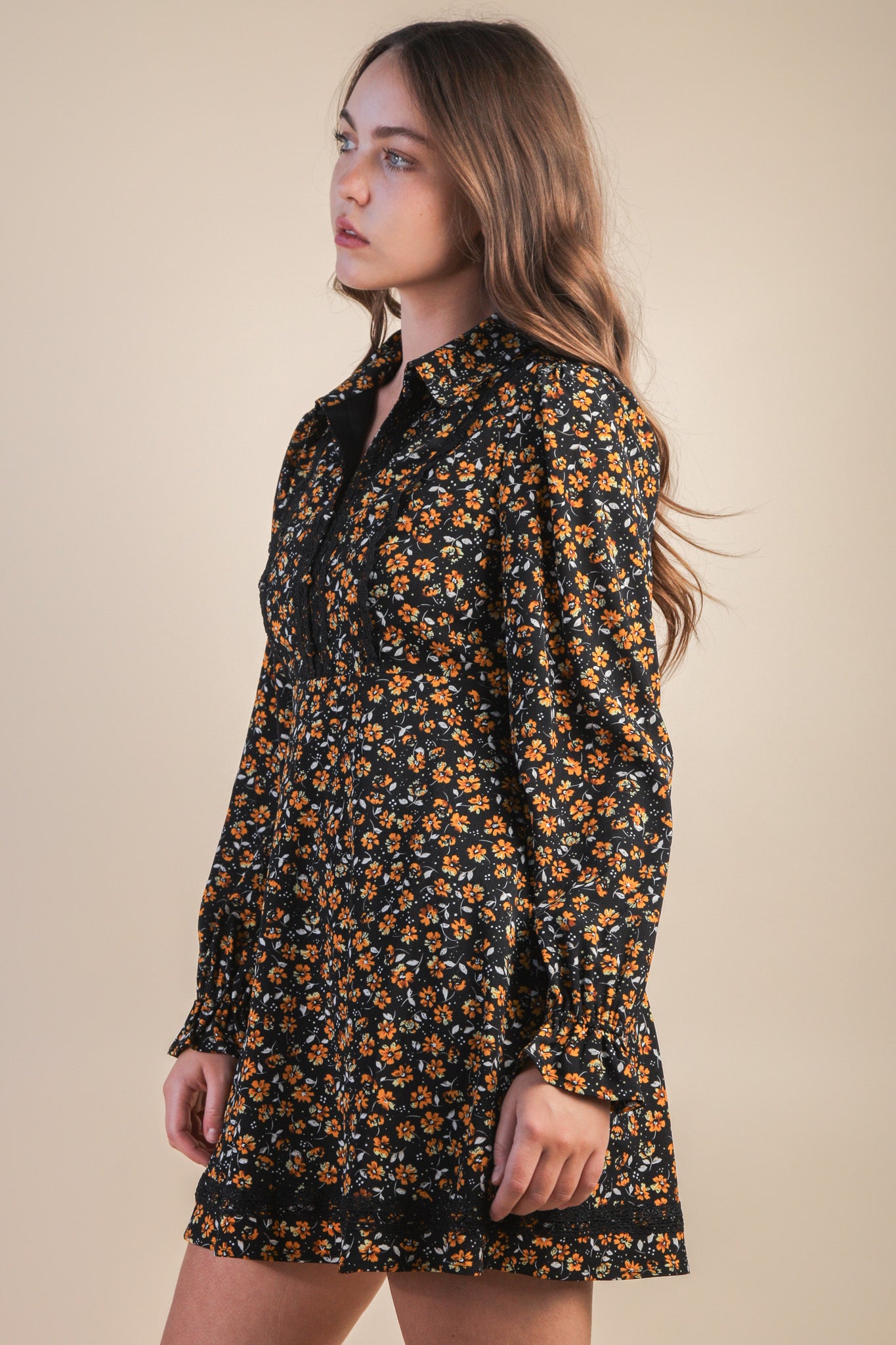 Floral Printed Lace Trim Collared Mini Dress