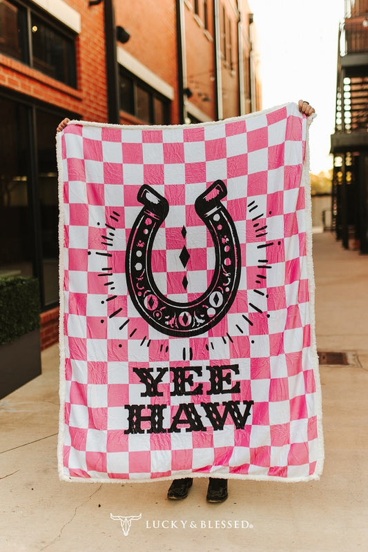 Pink Horseshoe Fleece Knitted Blanket W Fluffy Ivory Sherpa