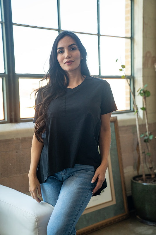 Black Short Sleeve Hi-Low Hem Top