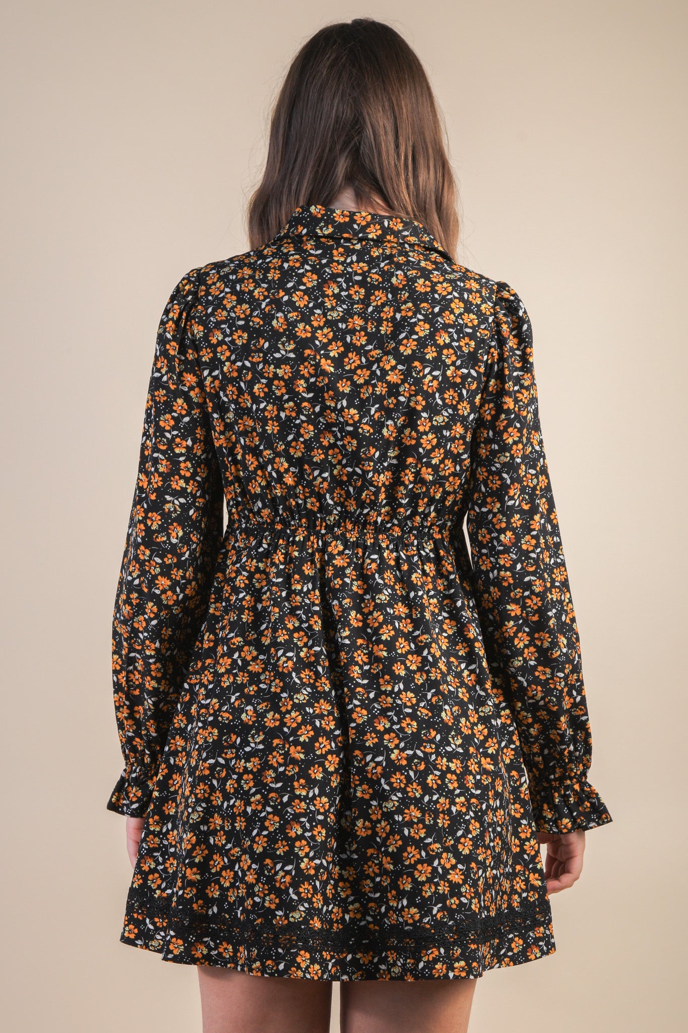 Floral Printed Lace Trim Collared Mini Dress