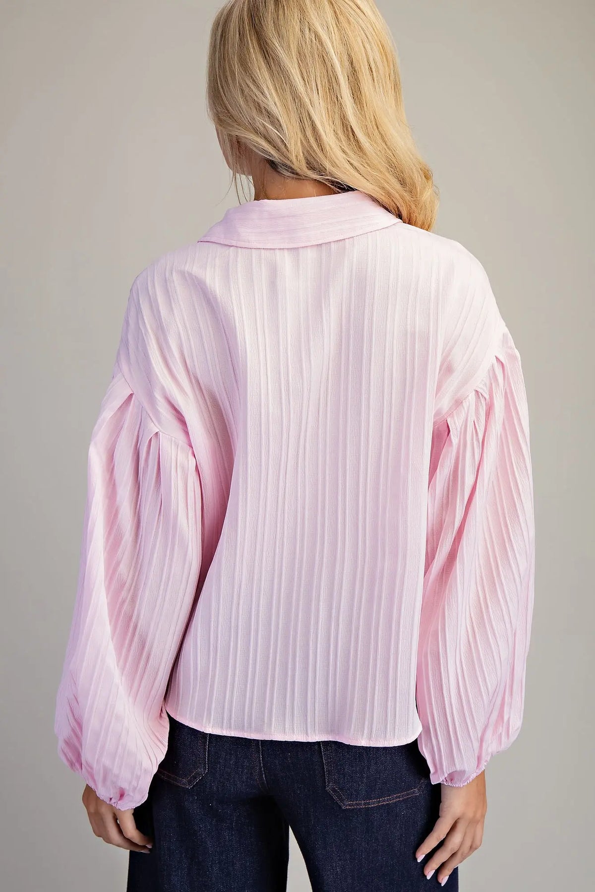 BUBBLE SLEEVE BUTTON DOWN BLOUSE TOP