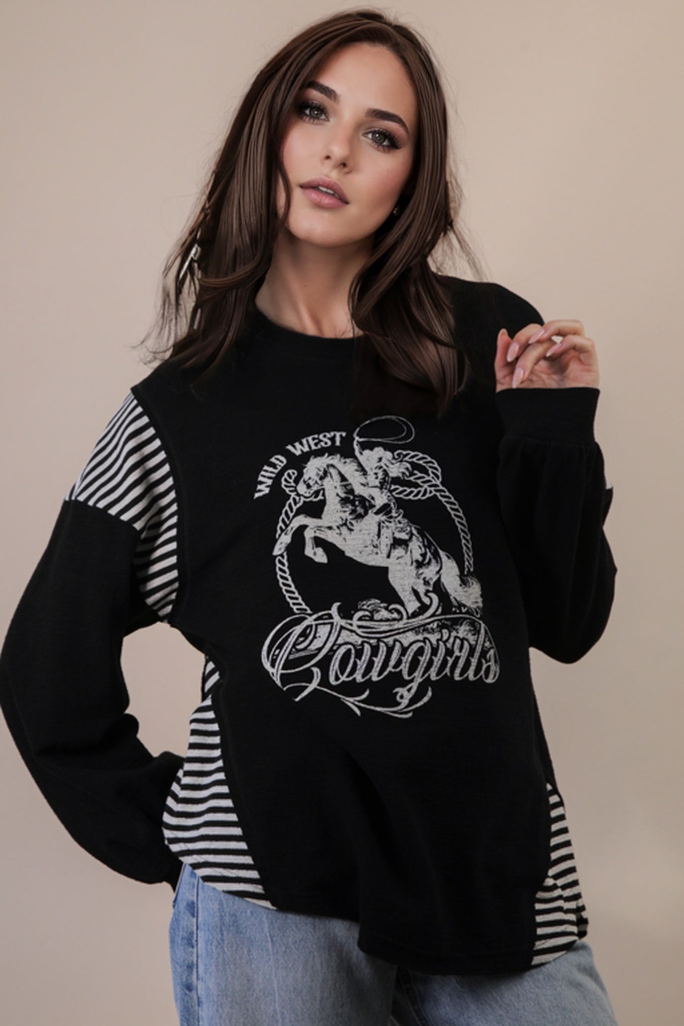 Oversized Mixed Media Western Graphic Knit Top