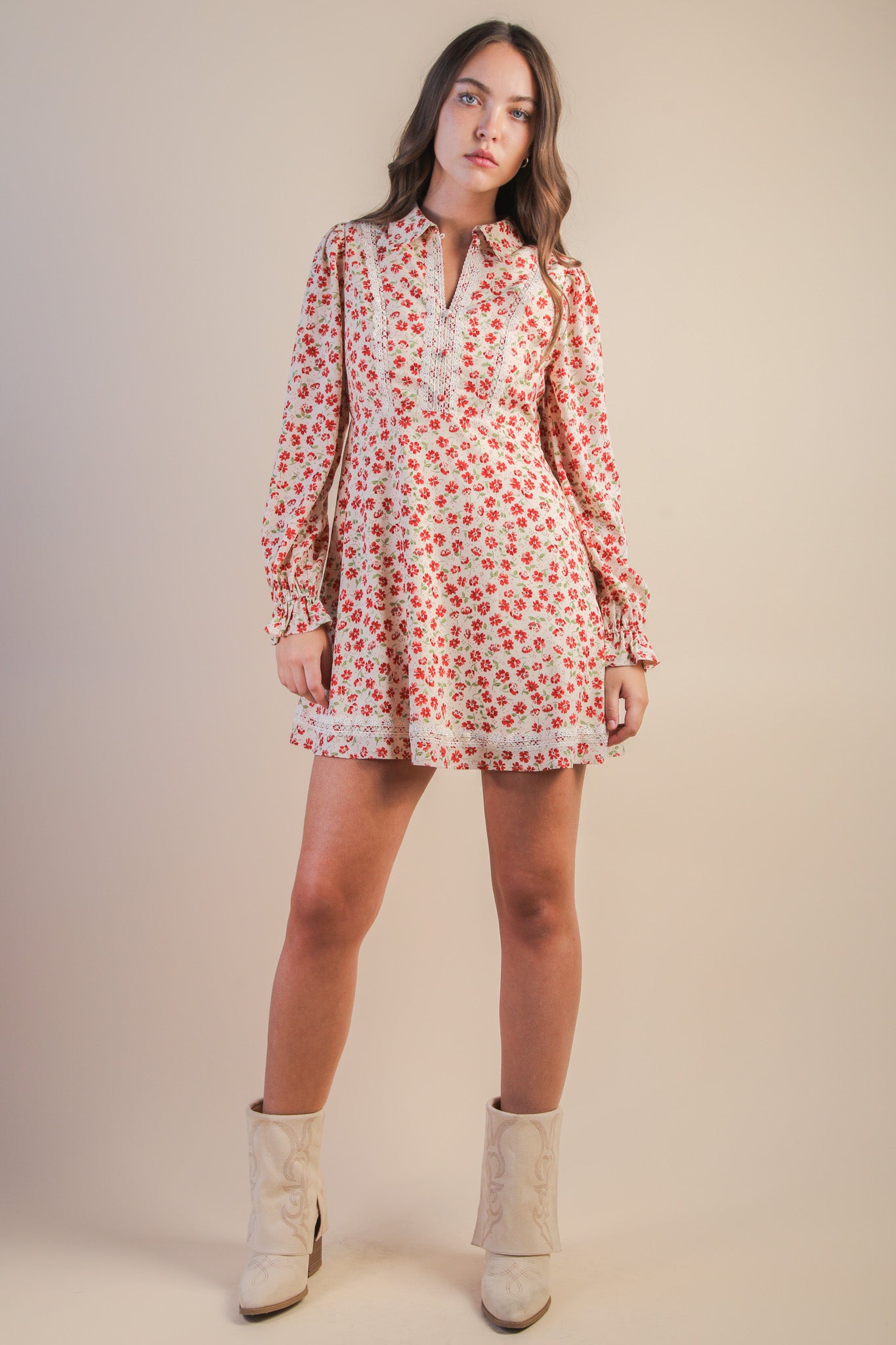 Floral Printed Lace Trim Collared Mini Dress