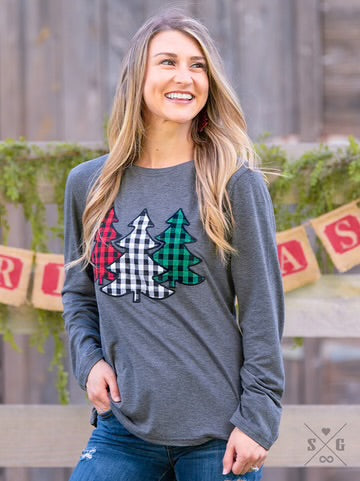 Festive Forest Tree Patches on Charcoal Longsleeve