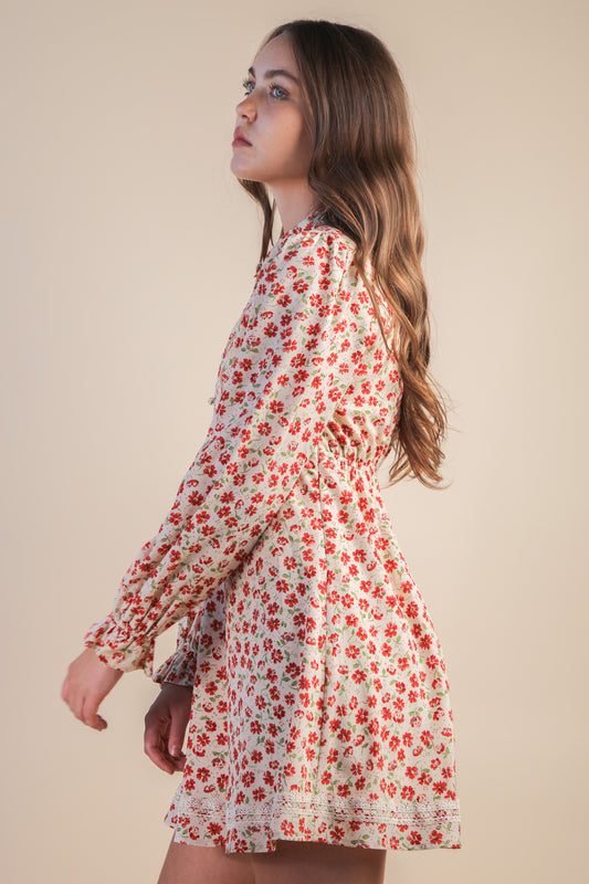 Floral Printed Lace Trim Collared Mini Dress