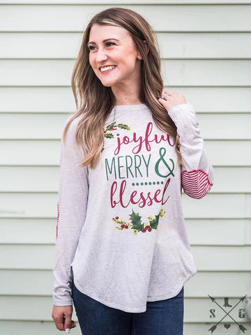 Joyful, Merry & Blessed on Grey Long-sleeve Tunic with Candy Cane Accent