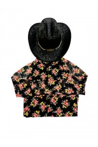 MOCKNECK LONG SLV FLORAL PRINT STRETCHY MESH TOP BLACK/RED