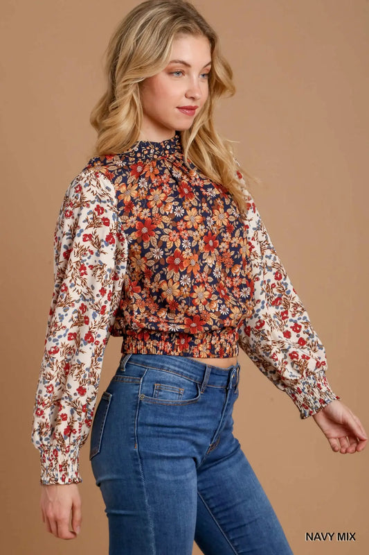 Metallic Mixed Floral Top with Elastic Waist Band
