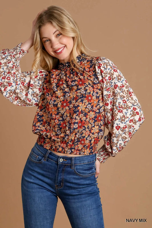 Metallic Mixed Floral Top with Elastic Waist Band