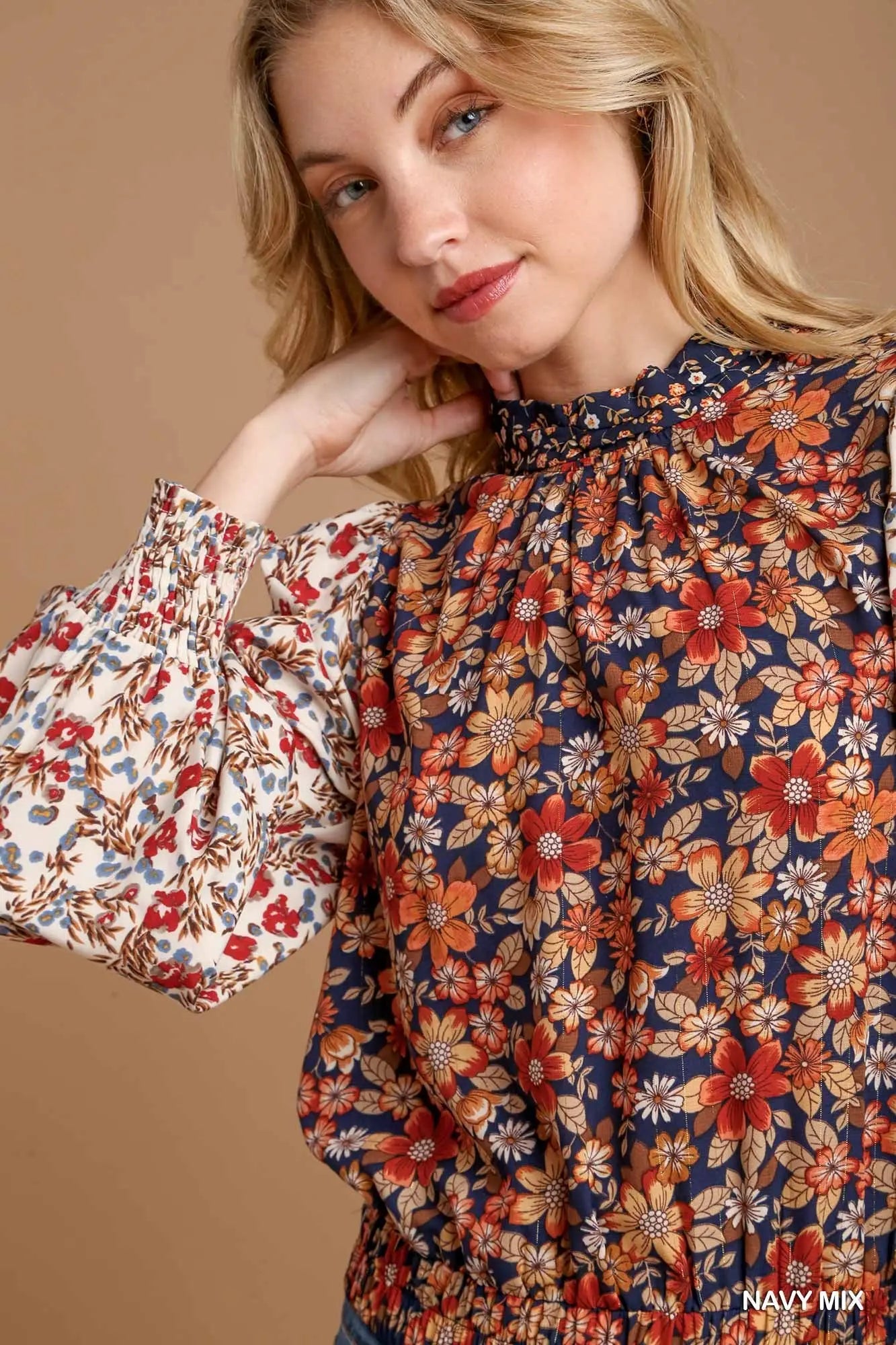 Metallic Mixed Floral Top with Elastic Waist Band