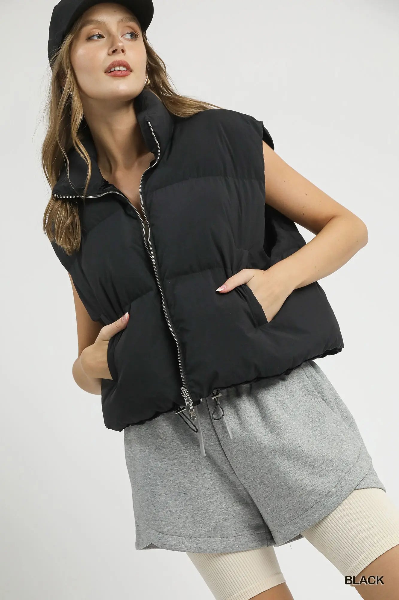 High Neck Puffer Vest with Zip Front Black