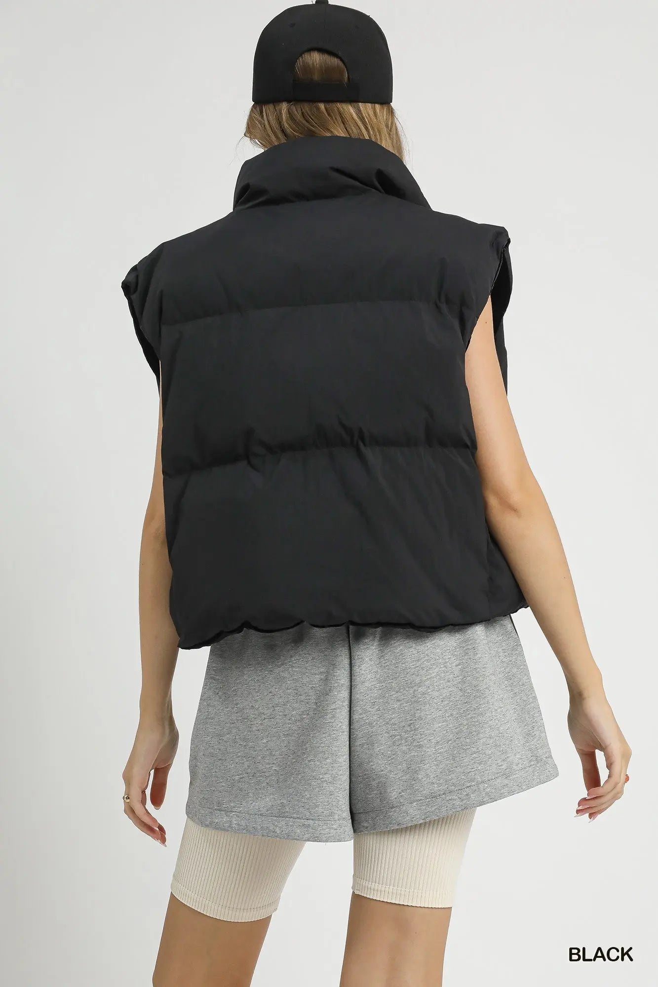 High Neck Puffer Vest with Zip Front Black