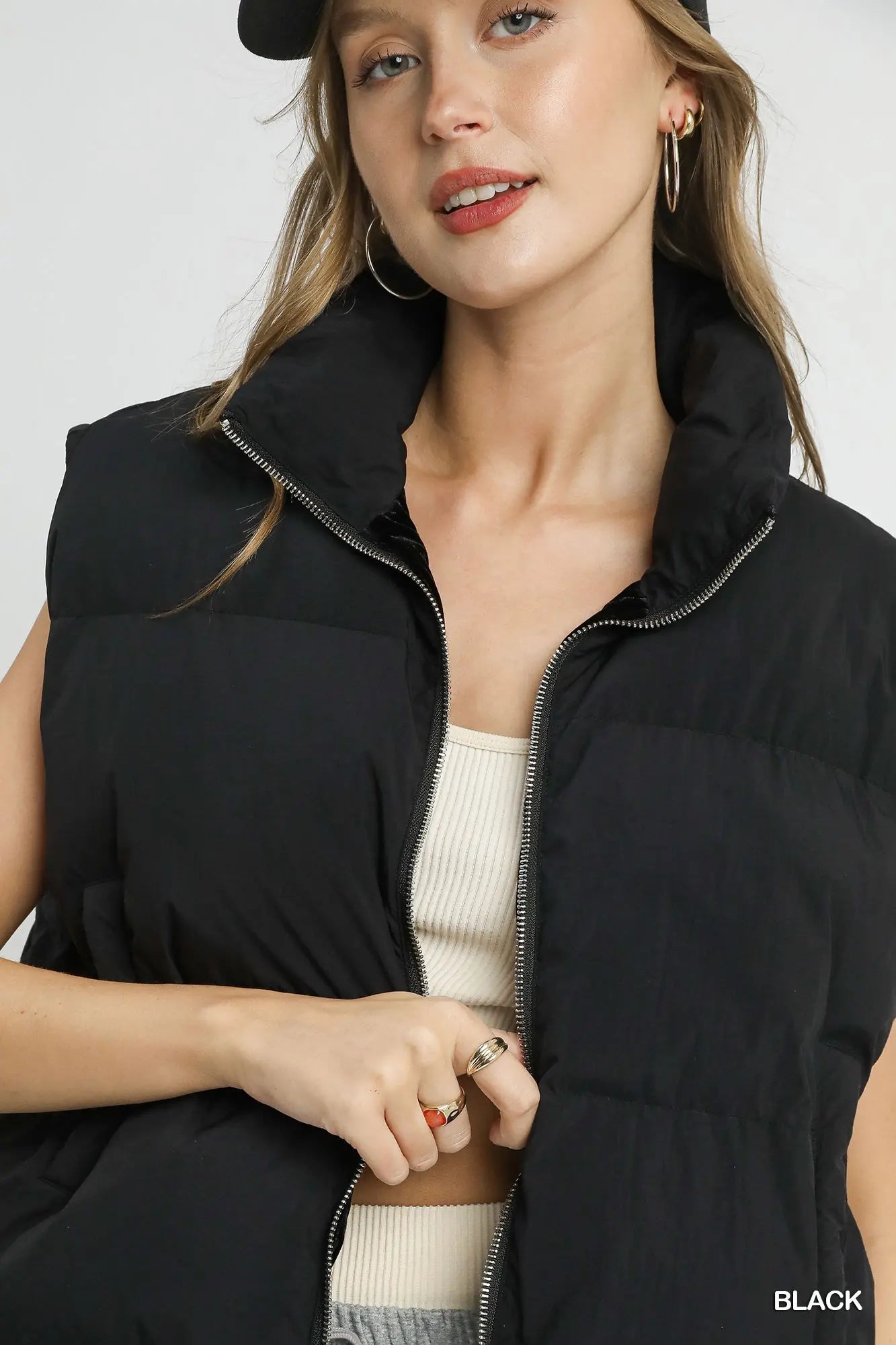 High Neck Puffer Vest with Zip Front Black