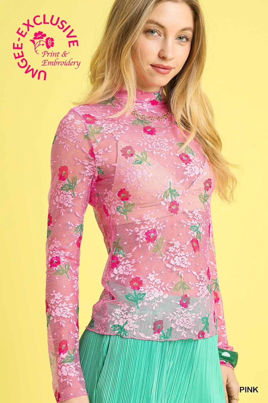 Bloom Mesh Floral Lace Top Pink