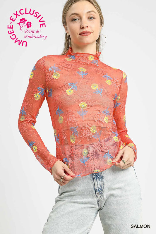 Bloom Mesh Floral Lace Top Salmon