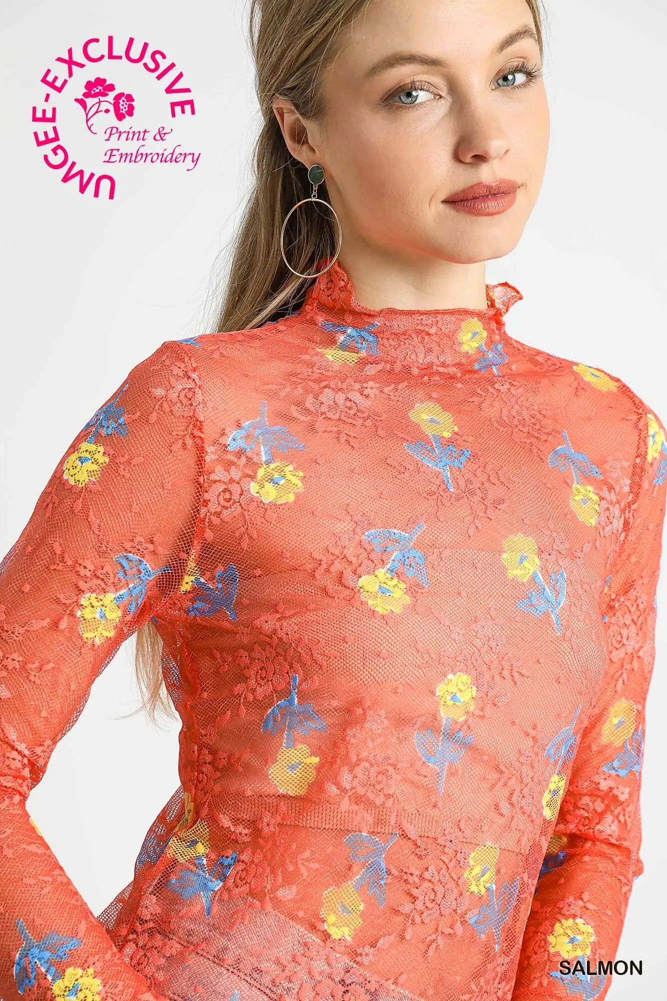Bloom Mesh Floral Lace Top Salmon