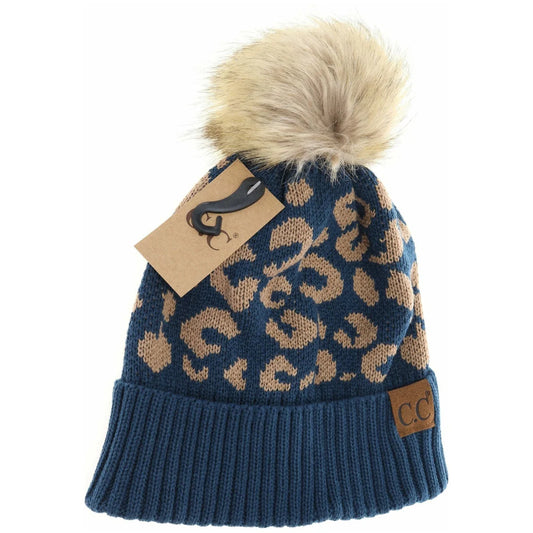 Leopard Pattern Fur Pom Beanie Multiple Colors Available