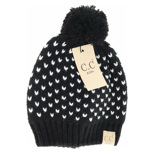 KIDS Heart Knit Pom Beanie Black/Ivory