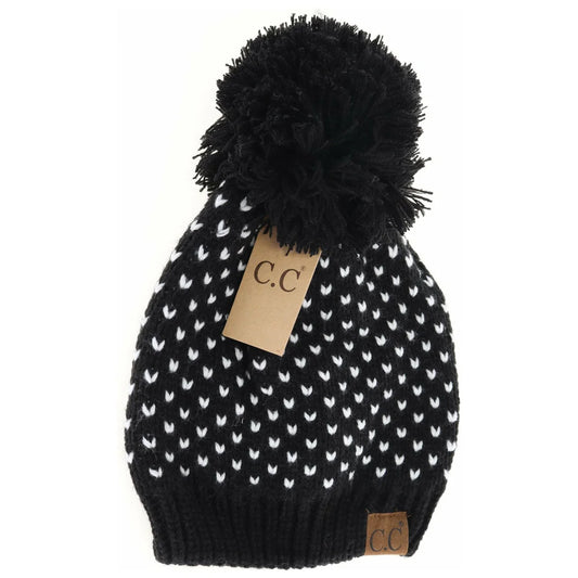 Heart Knit Pom Beanie Black/Ivory