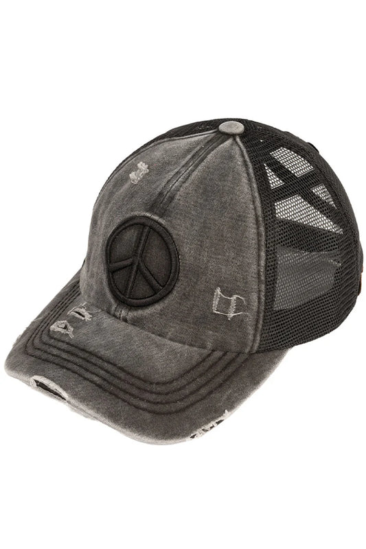 Distressed Embroidered Peace Sign Criss Cross High Pony C.C Ball Cap