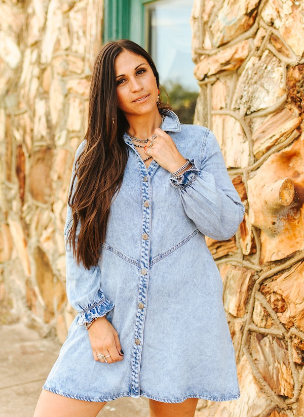 Light Vintage Wash Puff Sleeve Tencel Dress W Side Pockets